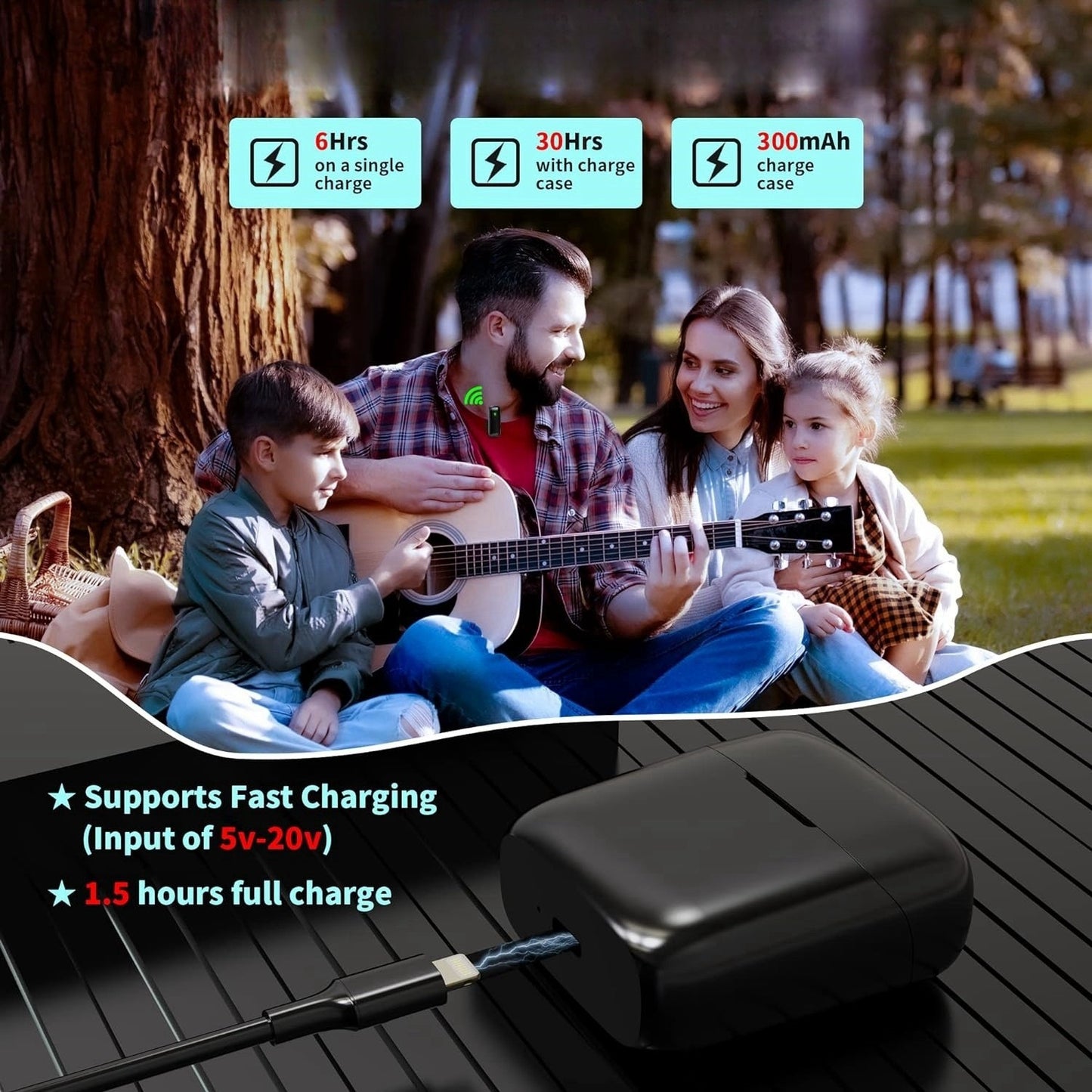 Wireless Lavalier Microphone Set with Charging Case, 1-to-2 2.4G Noise Cancelling Clip-on Mic for Live Broadcast & Streaming