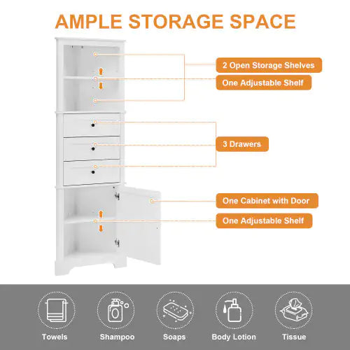 White Triangular Tall Cabinet With 3 Drawers And Adjustable Shelves For Bathroom, Kitchen Or Living Room