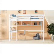 Twin Size Loft Bed With Desk And Shelves, Safety Guardrail And Ladder,White