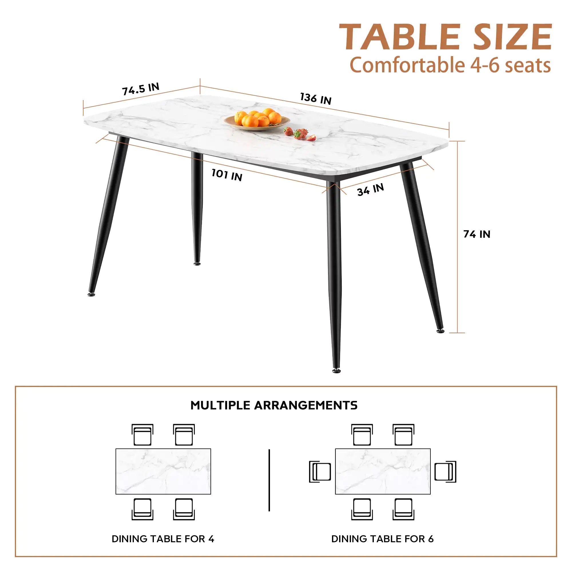 VFF Modern Kitchen Dining Table With MDF Tabletop And Sturdy Metal Frame